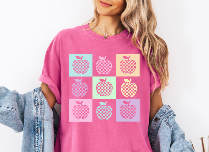 Apples For The Teacher - Checkerboard Apples | A Whimsical Orchard of Pastel Delight Unisex Heavyweight Comfort Tee