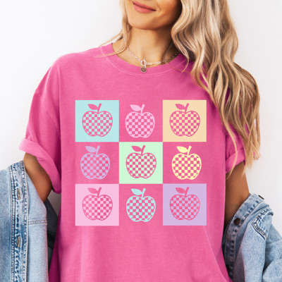 Apples For The Teacher - Checkerboard Apples | A Whimsical Orchard of Pastel Delight Unisex Heavyweight Comfort Tee