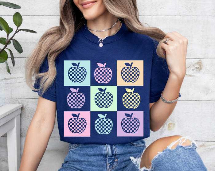 Apples For The Teacher - Checkerboard Apples | A Whimsical Orchard of Pastel Delight Unisex Heavyweight Comfort Tee