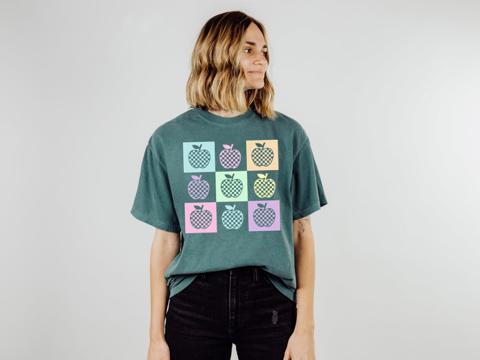 Apples For The Teacher - Checkerboard Apples | A Whimsical Orchard of Pastel Delight Unisex Heavyweight Comfort Tee