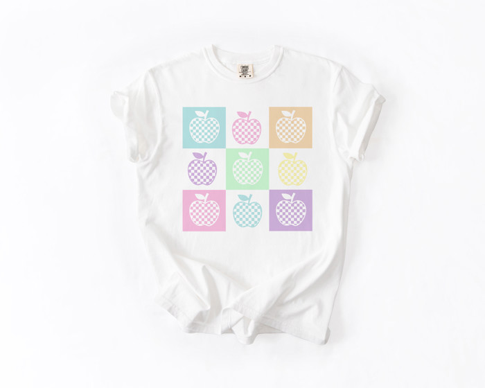 Apples For The Teacher - Checkerboard Apples | A Whimsical Orchard of Pastel Delight Unisex Heavyweight Comfort Tee