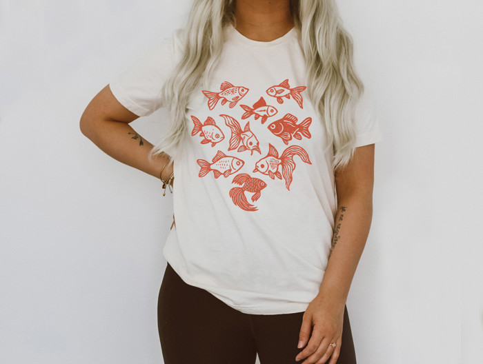 Nihonga Style Swimming Goldfish | Swimming in Harmony Soft Cozy Longer Length Unisex Graphic Tee T-shirt
