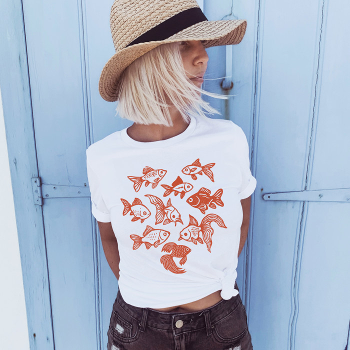 Nihonga Style Swimming Goldfish | Swimming in Harmony Soft Cozy Longer Length Unisex Graphic Tee T-shirt