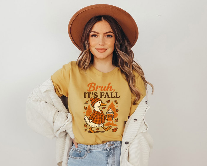 Bruh, IT'S FALL | Quirky Autumn Vibes with a Cozy Goose Soft Cozy Longer Length Unisex Graphic Tee T-shirt