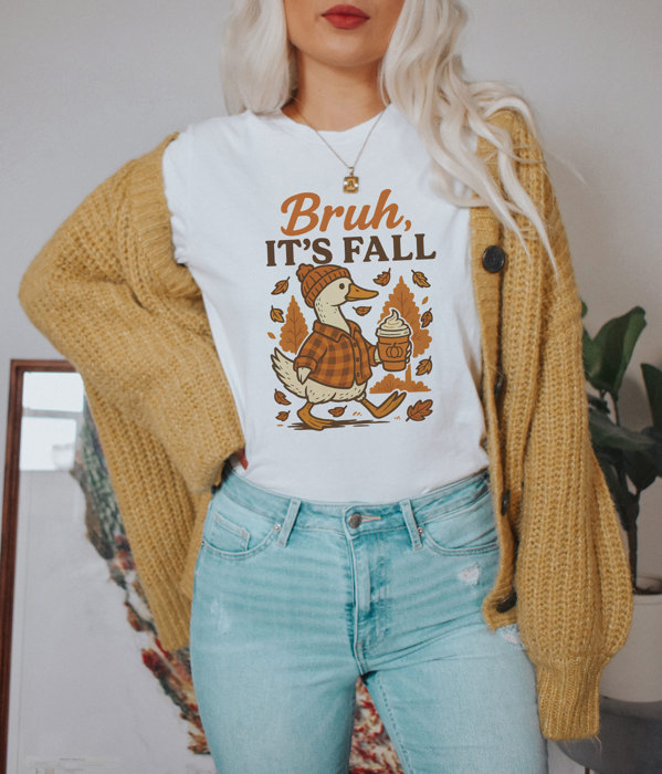 Bruh, IT'S FALL | Quirky Autumn Vibes with a Cozy Goose Soft Cozy Longer Length Unisex Graphic Tee T-shirt