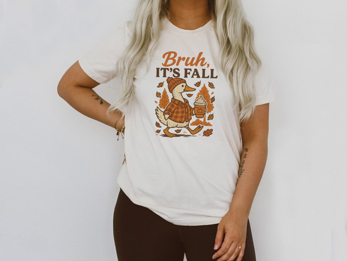 Bruh, IT'S FALL | Quirky Autumn Vibes with a Cozy Goose Soft Cozy Longer Length Unisex Graphic Tee T-shirt
