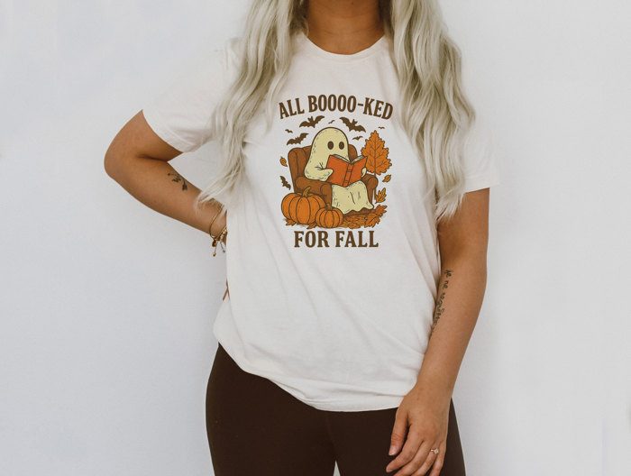 ALL BOOOOO-KED FOR FALL | Spooktacular Seasons: A Cozy Fall Ghost Story Soft Cozy Longer Length Unisex Graphic Tee T-shirt