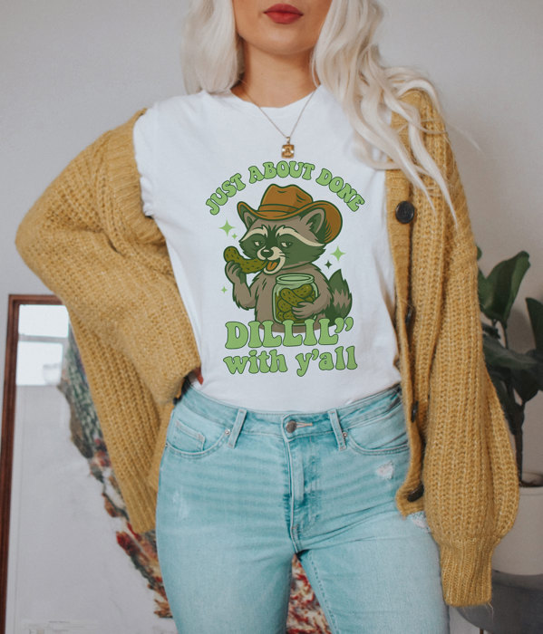 JUST ABOUT DONE | DILLIN' and Chillin' with a Charming Raccoon! Soft Cozy Longer Length Unisex Graphic Tee T-shirt