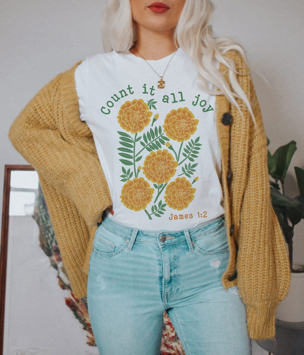 Count it all joy | Blooming in Joy Soft Cozy Longer Length Unisex Graphic Tee T-shirt