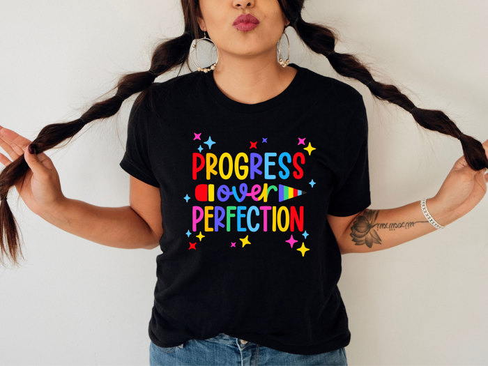 PROGRESS over PERFECTION | Embrace the Journey: Celebrate Progress! Soft Cozy Longer Length Unisex Graphic Tee T-shirt