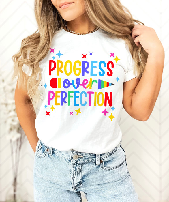 PROGRESS over PERFECTION | Embrace the Journey: Celebrate Progress! Soft Cozy Longer Length Unisex Graphic Tee T-shirt