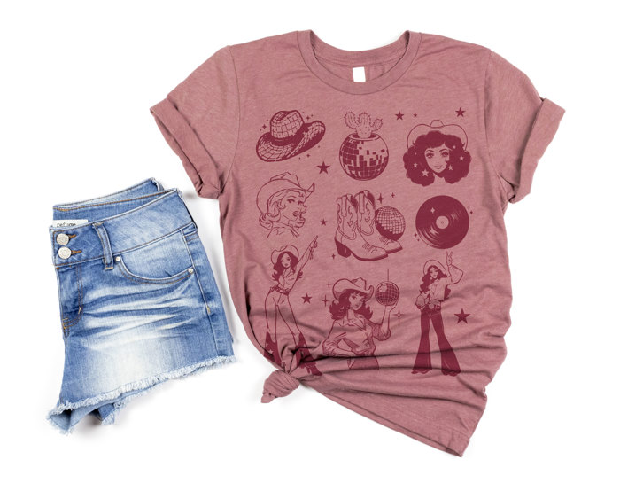 Cowgirl Disco, Disco Balls, and Stars | Boot-Scootin' Disco Dreams Soft Cozy Longer Length Unisex Graphic Tee T-shirt