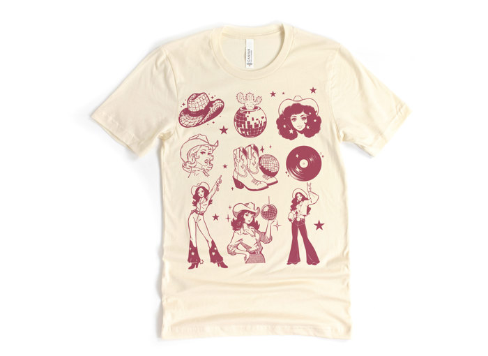 Cowgirl Disco, Disco Balls, and Stars | Boot-Scootin' Disco Dreams Soft Cozy Longer Length Unisex Graphic Tee T-shirt