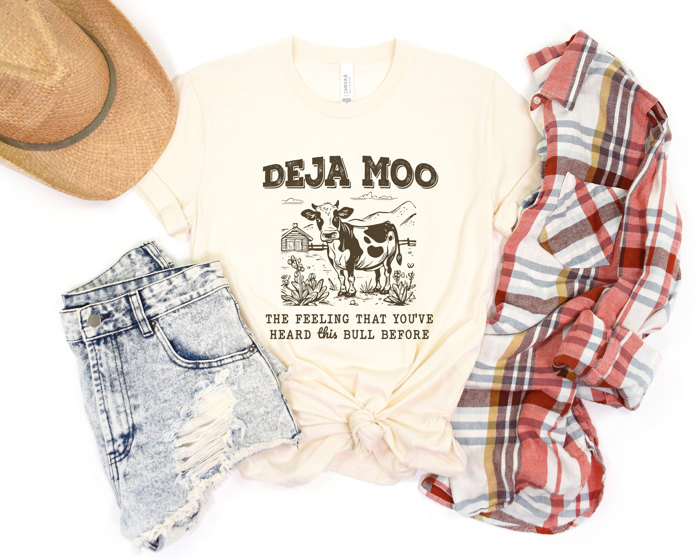 DEJA MOO | A Moo-velous Twist on Familiarity Soft Cozy Longer Length Unisex Graphic Tee T-shirt