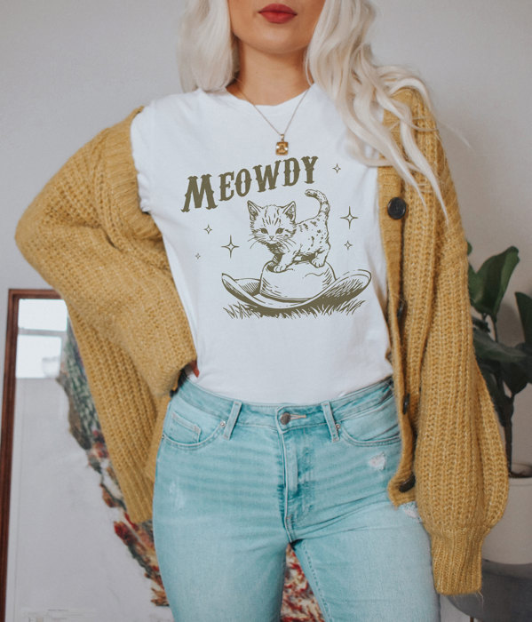 MEOWDY | Cowgirls and Cowboys: The Wild West Kitty Adventure! Soft Cozy Longer Length Unisex Graphic Tee T-shirt