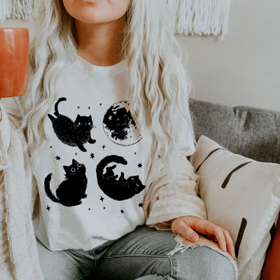 Spooky Cute Black Cats in Space | Cosmic Catventures Soft Cozy Longer Length Unisex Graphic Tee T-shirt