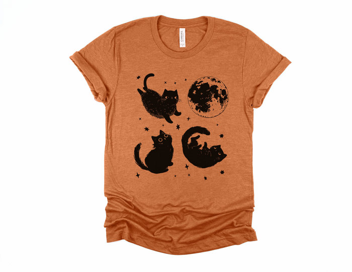 Spooky Cute Black Cats in Space | Cosmic Catventures Soft Cozy Longer Length Unisex Graphic Tee T-shirt