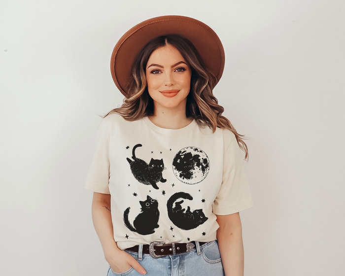 Spooky Cute Black Cats in Space | Cosmic Catventures Soft Cozy Longer Length Unisex Graphic Tee T-shirt
