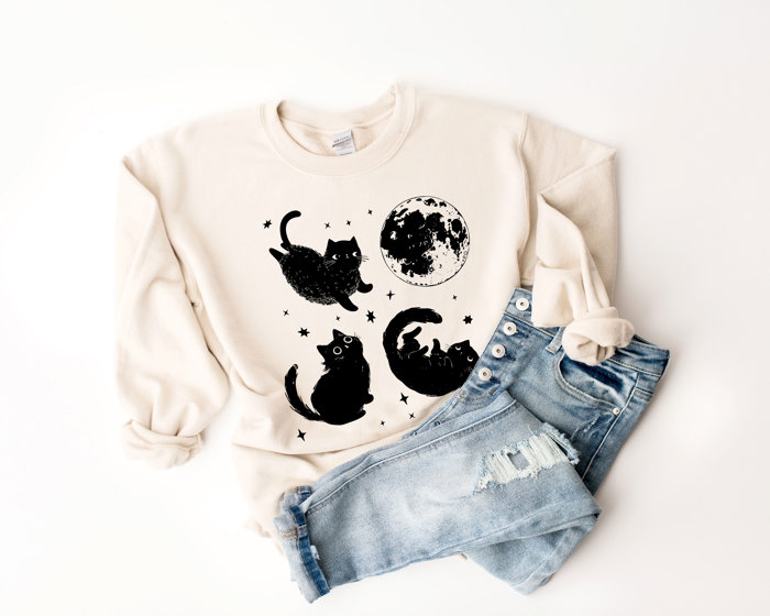 Spooky Cute Black Cats and a Full Moon | Full Moon Catventures Soft Unisex Graphic Sweatshirt Print