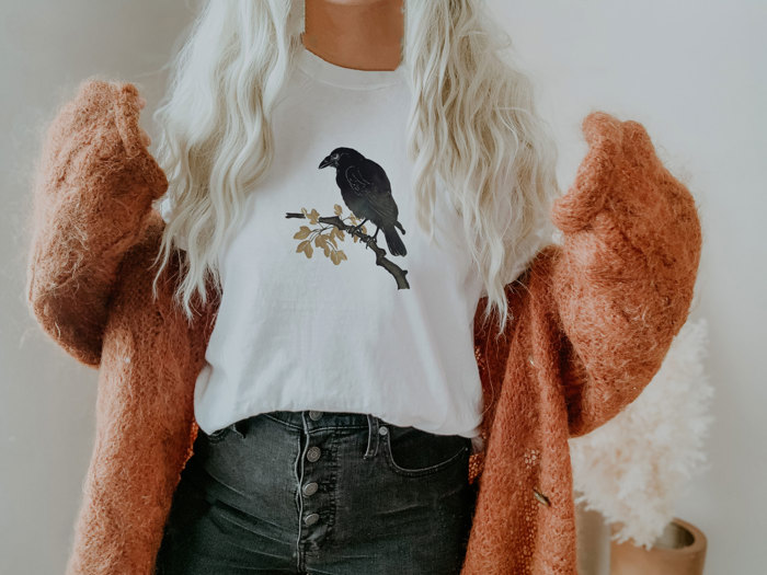Spooky Nihonga Japanese Style CROW ON BRANCH | Whisper of Shadows Soft Cozy Longer Length Unisex Graphic Tee T-shirt