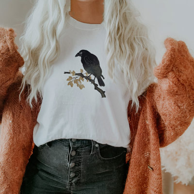 Spooky Nihonga Japanese Style CROW ON BRANCH | Whisper of Shadows Soft Cozy Longer Length Unisex Graphic Tee T-shirt
