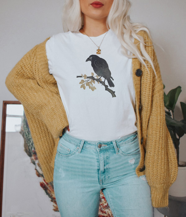 Spooky Nihonga Japanese Style CROW ON BRANCH | Whisper of Shadows Soft Cozy Longer Length Unisex Graphic Tee T-shirt