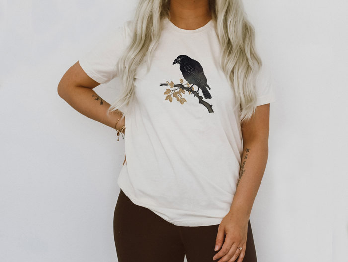 Spooky Nihonga Japanese Style CROW ON BRANCH | Whisper of Shadows Soft Cozy Longer Length Unisex Graphic Tee T-shirt