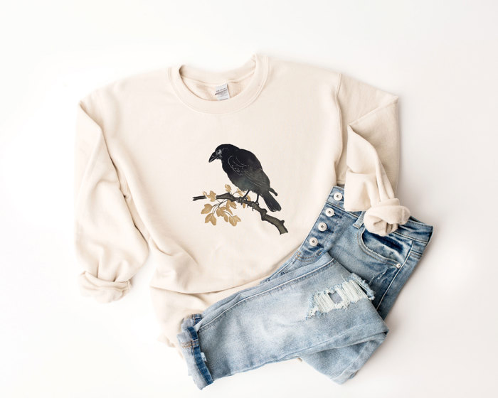 Spooky Fall Vibes Raven on a Branch | Silent Watcher of Autumn's Secrets Soft Unisex Graphic Sweatshirt Print