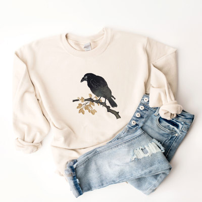 Spooky Fall Vibes Raven on a Branch | Silent Watcher of Autumn's Secrets Soft Unisex Graphic Sweatshirt Print