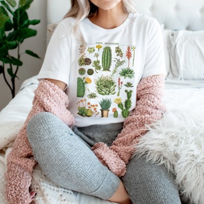 Cacti Succulents (Cactus) Floral Name Chart Soft Cozy Longer Length Unisex Graphic Tee T-shirt