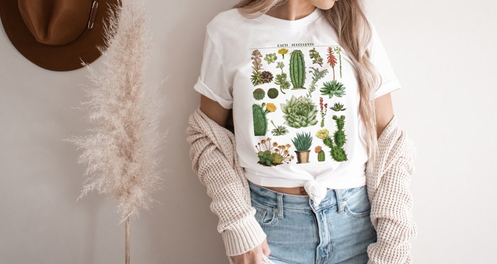 Cacti Succulents (Cactus) Floral Name Chart Soft Cozy Longer Length Unisex Graphic Tee T-shirt