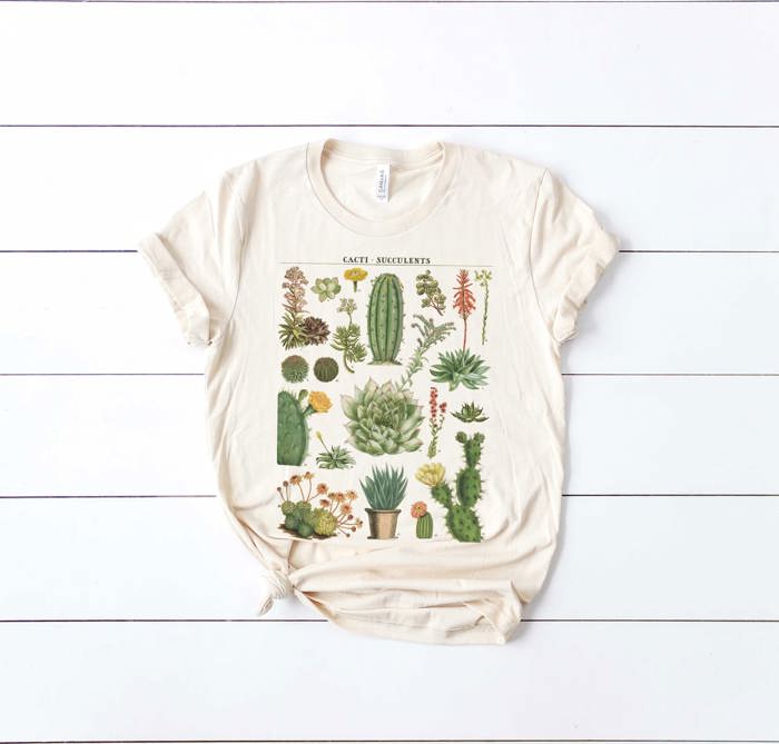 Cacti Succulents (Cactus) Floral Name Chart Soft Cozy Longer Length Unisex Graphic Tee T-shirt