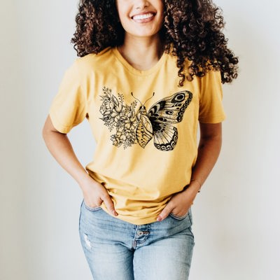 Inked Butterfly Breath Illustrated Floral Wing Soft Cozy Longer Length Unisex Graphic Tee T-shirt