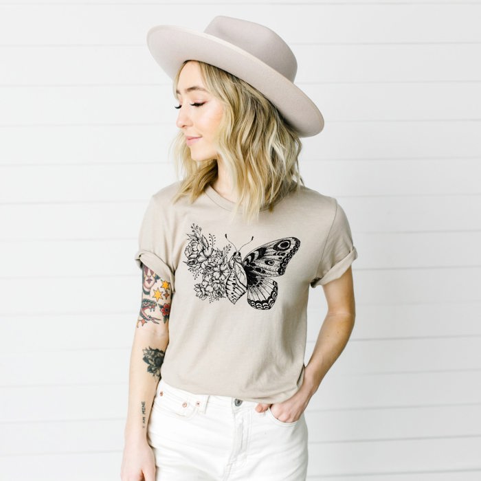 Inked Butterfly Breath Illustrated Floral Wing Soft Cozy Longer Length Unisex Graphic Tee T-shirt