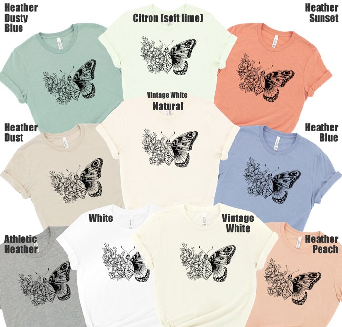 Inked Butterfly Breath Illustrated Floral Wing Soft Cozy Longer Length Unisex Graphic Tee T-shirt