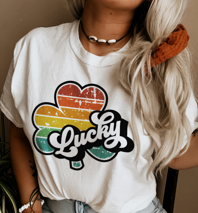 Lucky Charm: Embrace Your Inner Luck Lucky Retry Rainbow Clover Soft Cozy Longer Length Unisex Graphic Tee T-shirt