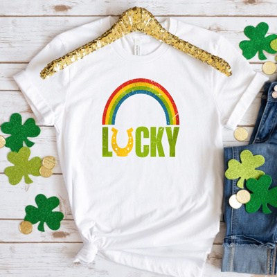 Rainbow Lucky Horsewhoe Retro Grunge Soft Cozy Longer Length Unisex Graphic Tee T-shirt