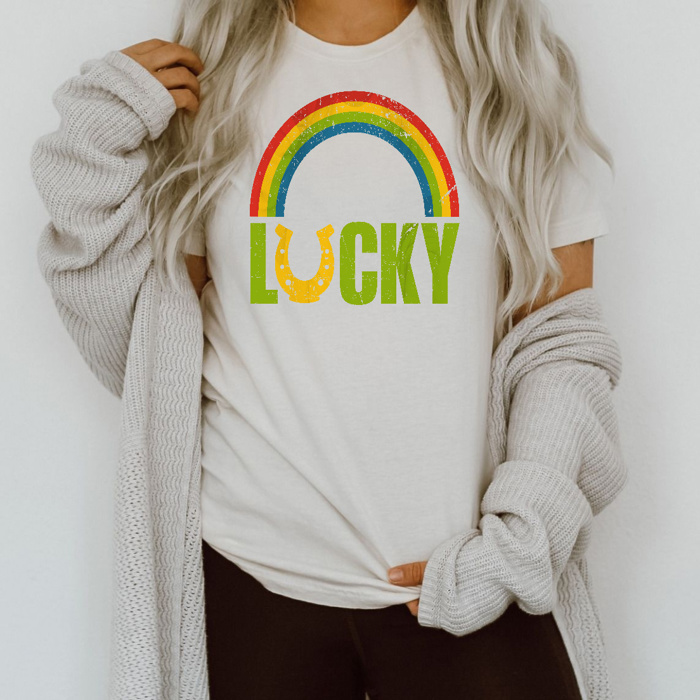 Rainbow Lucky Horsewhoe Retro Grunge Soft Cozy Longer Length Unisex Graphic Tee T-shirt