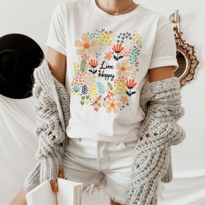 Live Happy Vintage Floral Happiness Cheerful Soft Unisex Graphic Tee T-shirt