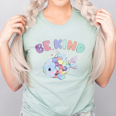 Be Kind Rainbow Fish Pastel Kawaii Watercolor Storybook Librarian Teacher Kindness Soft Cozy Longer Length Unisex Graphic Tee T-shirt