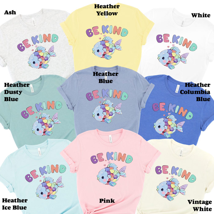 Be Kind Rainbow Fish Pastel Kawaii Watercolor Storybook Librarian Teacher Kindness Soft Cozy Longer Length Unisex Graphic Tee T-shirt