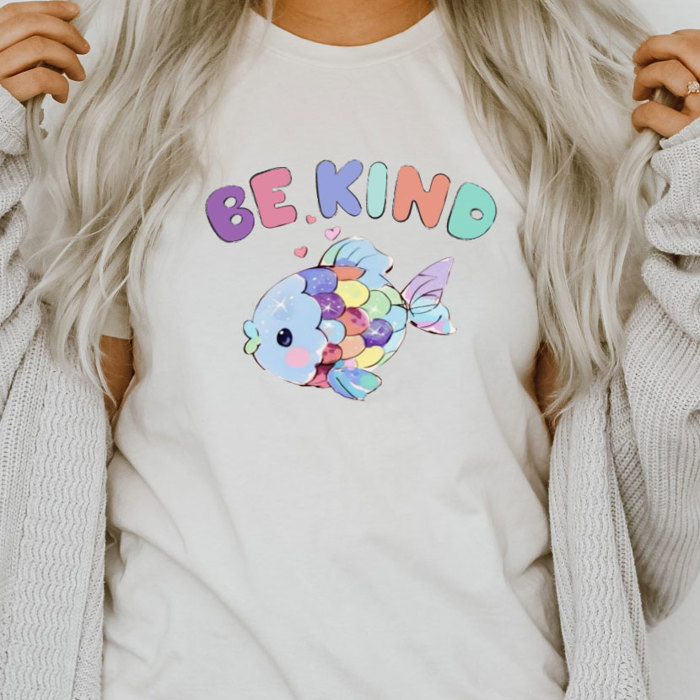 Be Kind Rainbow Fish Pastel Kawaii Watercolor Storybook Librarian Teacher Kindness Soft Cozy Longer Length Unisex Graphic Tee T-shirt