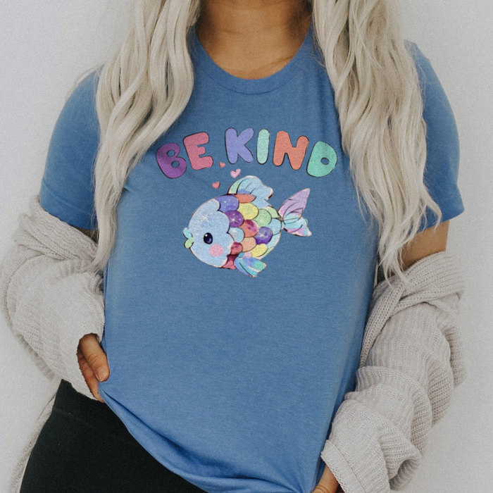 Be Kind Rainbow Fish Pastel Kawaii Watercolor Storybook Librarian Teacher Kindness Soft Cozy Longer Length Unisex Graphic Tee T-shirt