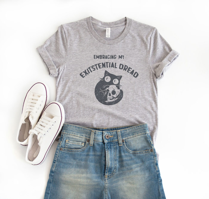 EMBRACING MY EXISTENTIAL DREAD | Purring with Mortality Soft Cozy Longer Length Unisex Graphic Tee T-shirt