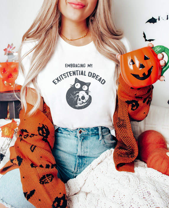 EMBRACING MY EXISTENTIAL DREAD | Purring with Mortality Soft Cozy Longer Length Unisex Graphic Tee T-shirt