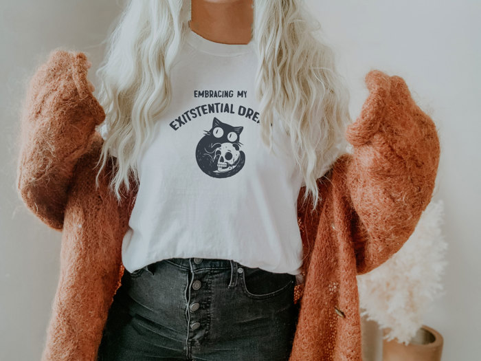 EMBRACING MY EXISTENTIAL DREAD | Purring with Mortality Soft Cozy Longer Length Unisex Graphic Tee T-shirt