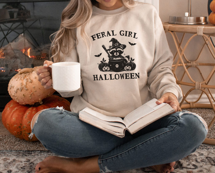 FERAL GIRL HALLOWEEN | Enchanted Mischief: A Spooky Tale of a Trickster's Brew Soft Unisex Graphic Sweatshirt Print