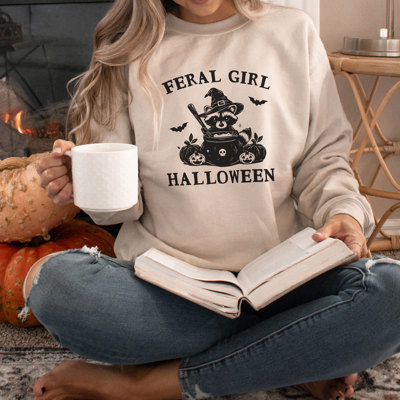 FERAL GIRL HALLOWEEN | Enchanted Mischief: A Spooky Tale of a Trickster's Brew Soft Unisex Graphic Sweatshirt Print
