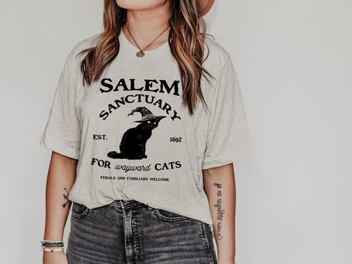 Salem Sanctuary For Wayward Cats Cute Halloween Fall - T-Shirt (Crewneck)  100 Cotton Solid Colors Jersey Tee (Unisex)  Bella Canvas, T-Shirt (Crewneck)  Po