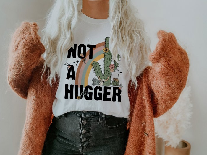 Not a Hugger Funny Cacti Cactus Saying Desert Rainbow Soft Unisex Graphic Tee T-shirt